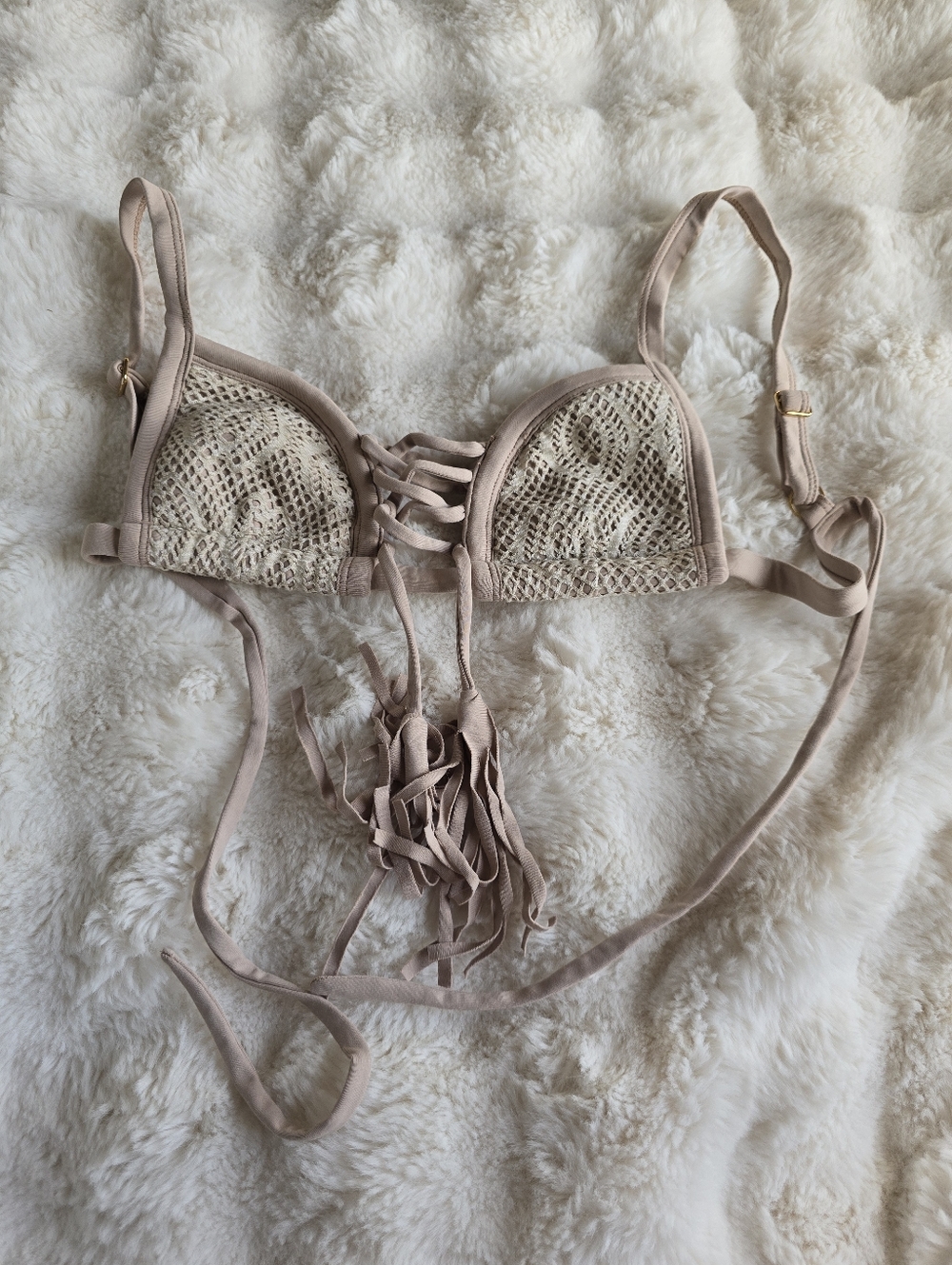 Montce Beige Crochet Lace-Up Bikini Top